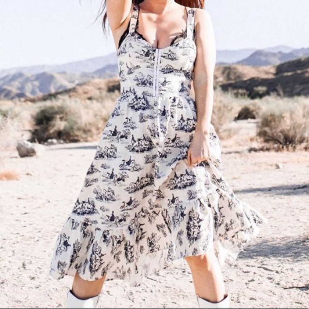 blue & white horse print midi dress